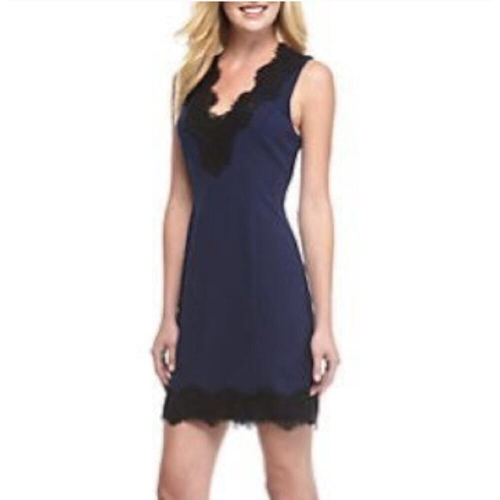 NWT Charles Henry Sz XS Black Lace‎ Trim Mini Slip Dress Navy Blue Romantic